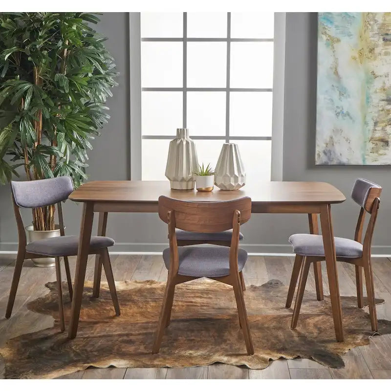 Mid Century Dining Table Set with 4 Upholstered Chairs and Wooden Frame