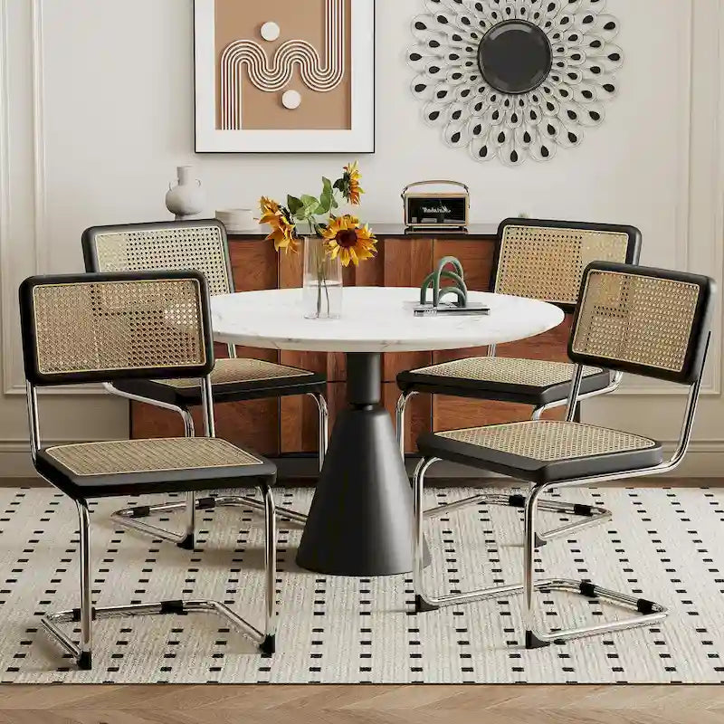 Set of 2 Upholstered Natural Rattan Dining Chairs - Armless Accent Side Chairs for Kitchen
