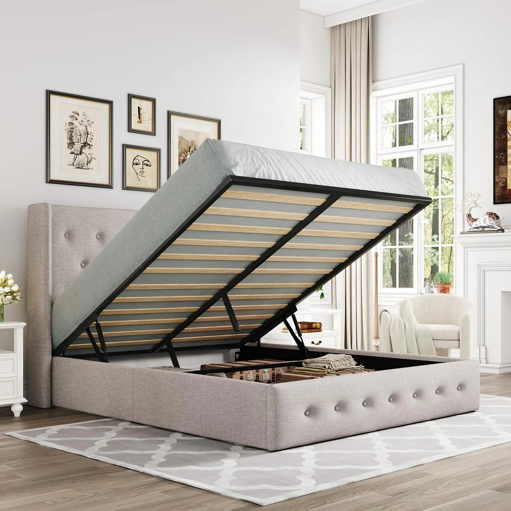 Allewie Queen Size Lift Up Storage Bed, Modern Wingback Headboard, Hydraulic Support, No Box Spring Needed, Light Beige