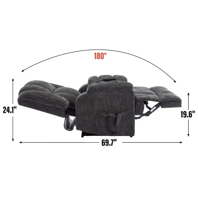 Grey Oversized Chenille Power Lift Recliner with Massage, Heating, and Flat Lay Feature