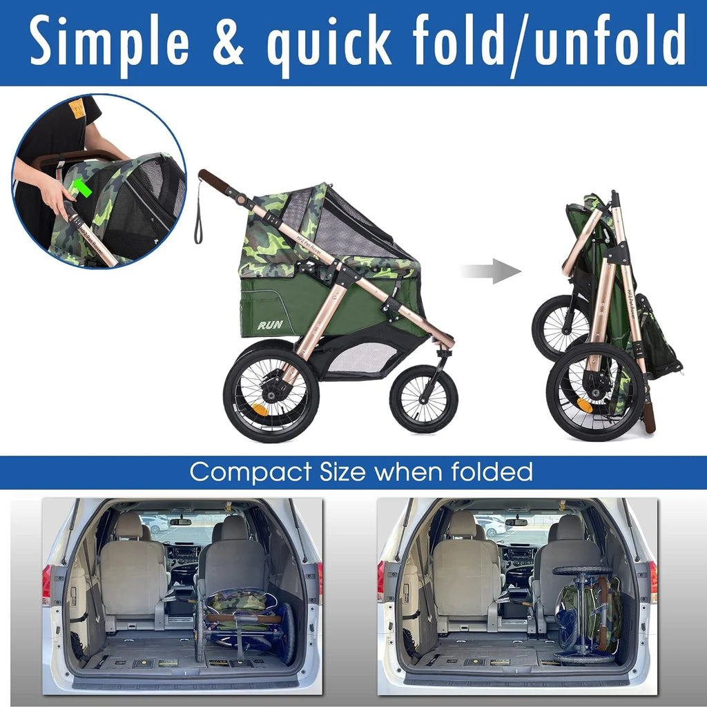 Jogging Sports Stroller with Comfort Rubber Wheels/Zipper-Less Entry/1-Hand Quick Fold/Aluminum Frame for Small/Medium Dogs Cats and Pets (Green Camo)