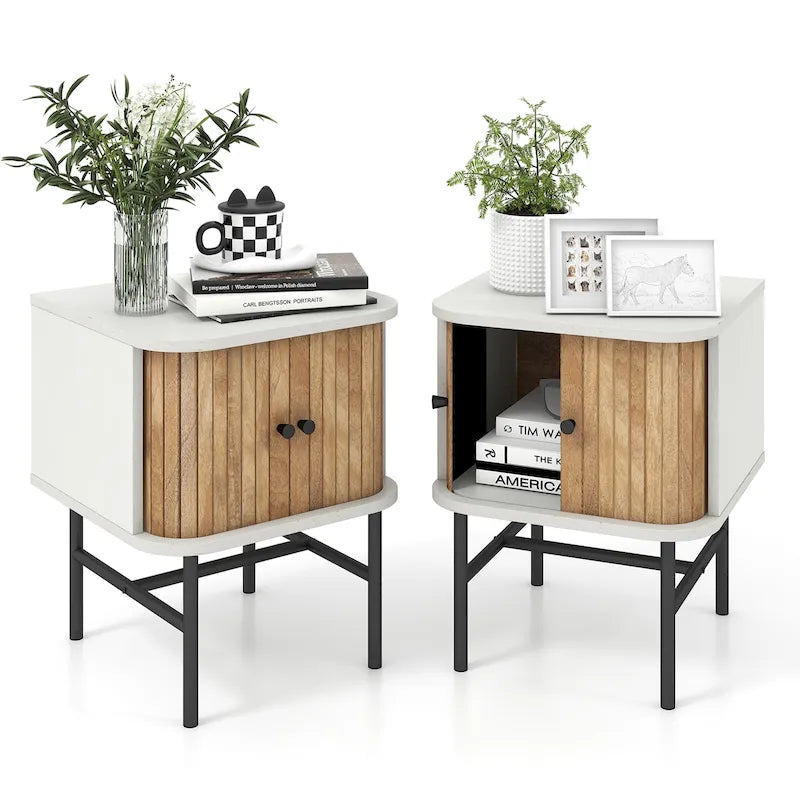 Set of 2 Nightstands with Sliding Doors and Metal Legs