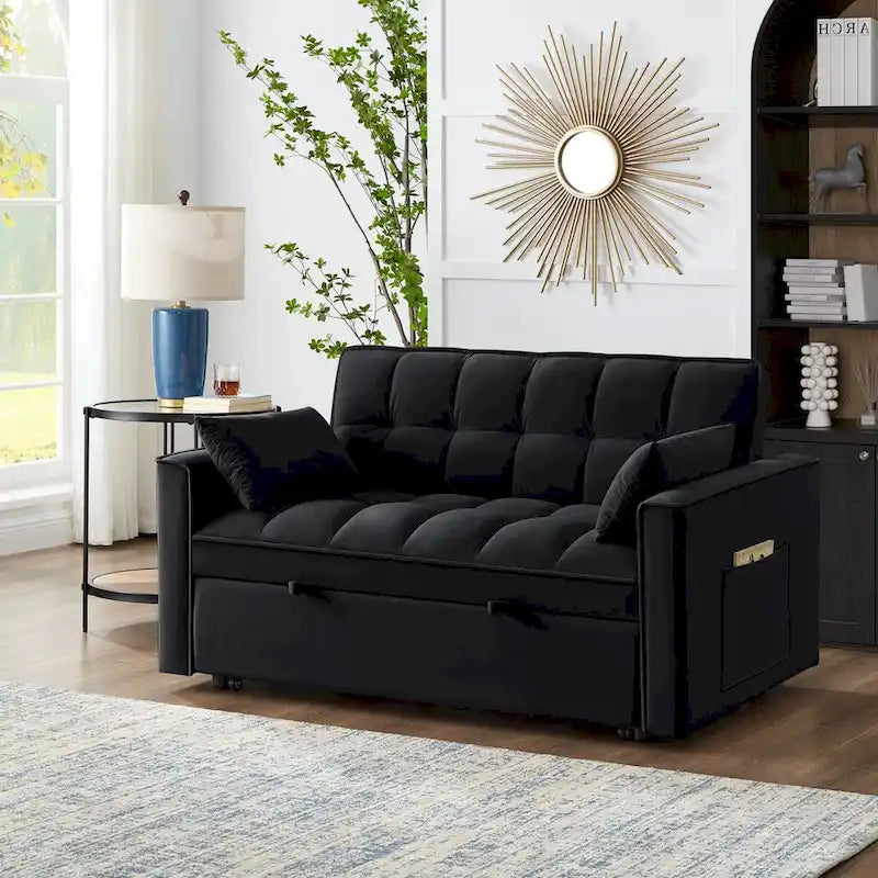 4 in1 Loveseat Sofa Bed with Armrests & Storage Pockets, Multi-Function Tufted Pull-out Sofa Bed with Adjustable Backrest