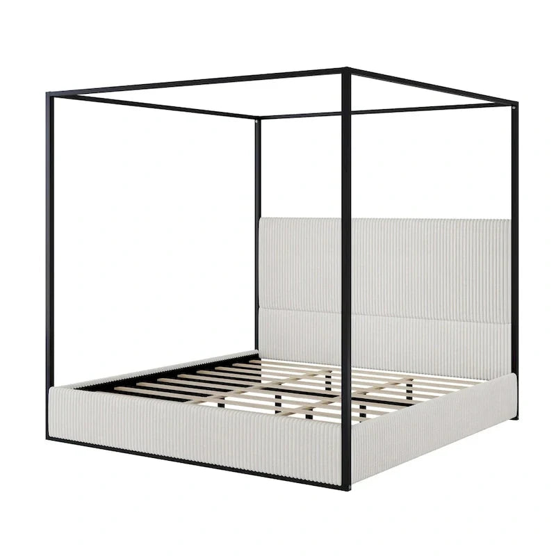 Metal Canopy Platform Bed with Vertical Stripe Upholstered Wingback Headboard - Four Poster, Low Profile Design