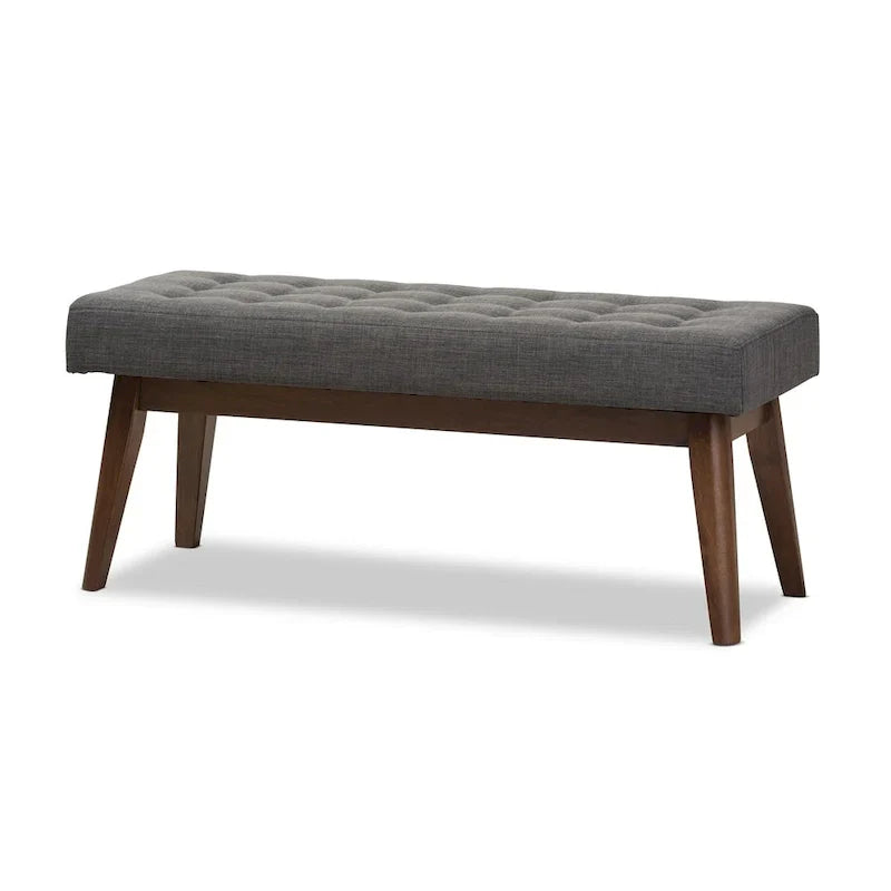 Mid Century Upholstered Bench with Tufted Seat and Wooden Legs