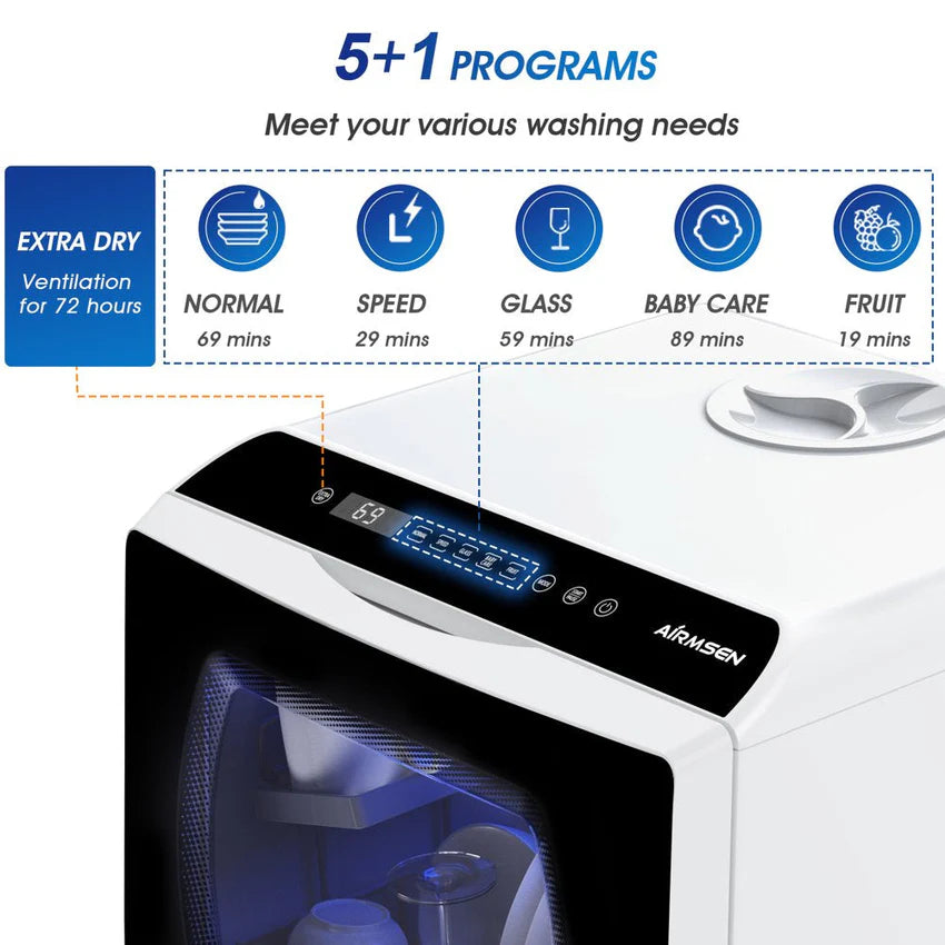 Portable Countertop Dishwasher with 5-Liter Built-In Water Tank and Air-Dry Function, 5 Washing Programs