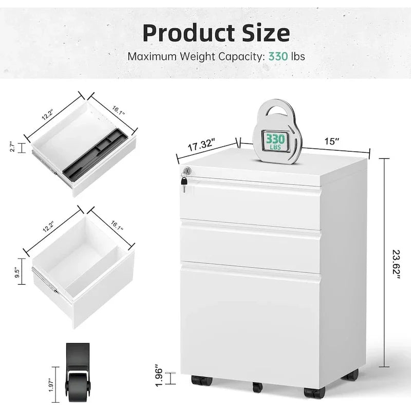 Metal Locking File Cabinet with 3 Drawers for Home Office