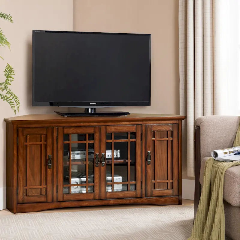 Leick Home Mission Oak Solid Wood Corner TV Stand with Four Doors
