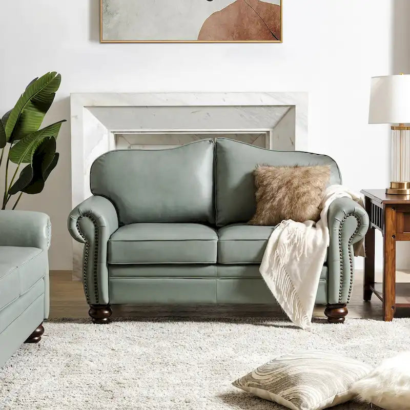 Leather Loveseat Sofa with Rolled Arms and Nailhead Trim