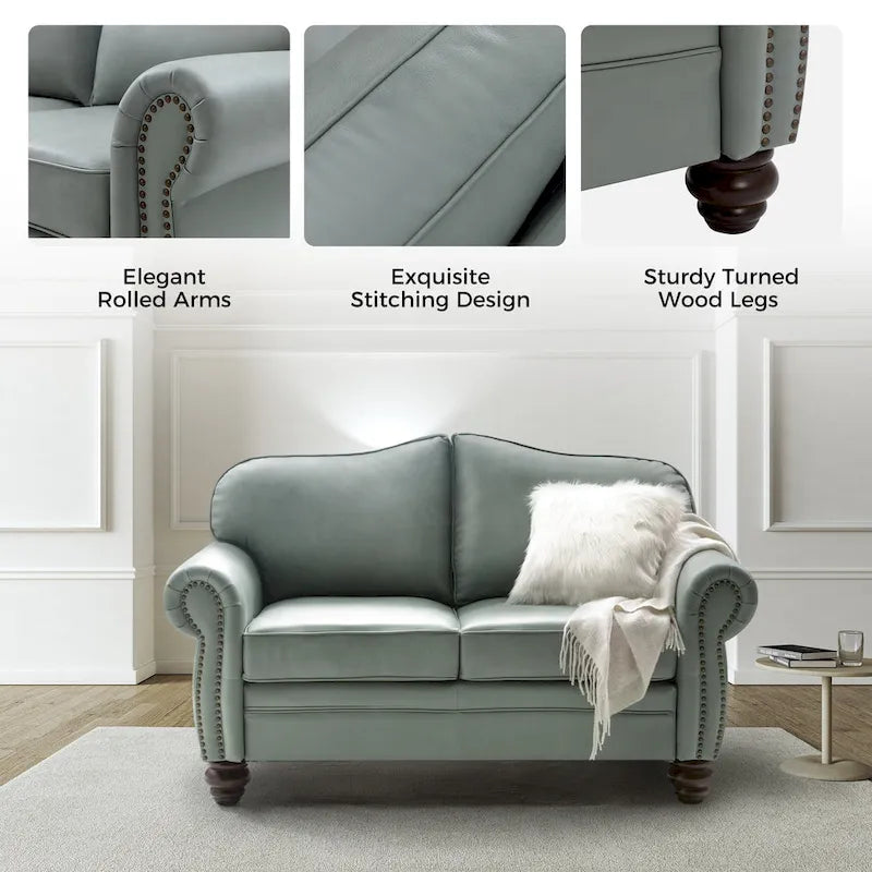 Leather Loveseat Sofa with Rolled Arms and Nailhead Trim