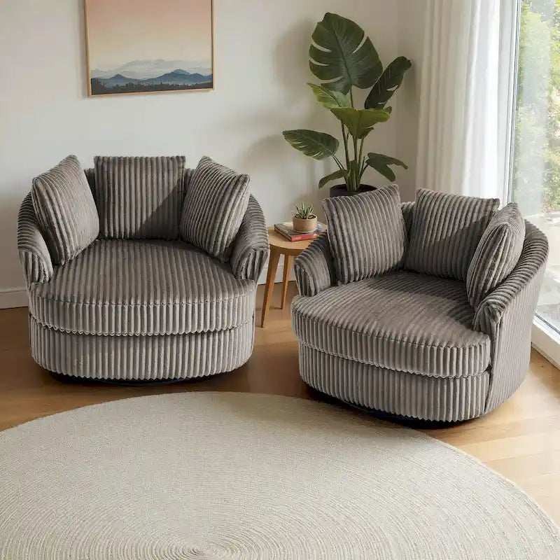 Set of 2 Oversized 43" Plush Corduroy Swivel Barrel Chairs with Cushions