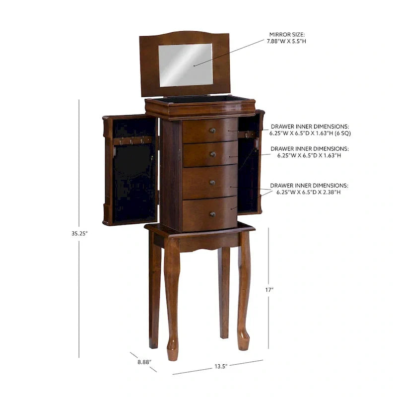 Serena Walnut Jewelry Armoire with Mirrored Finish