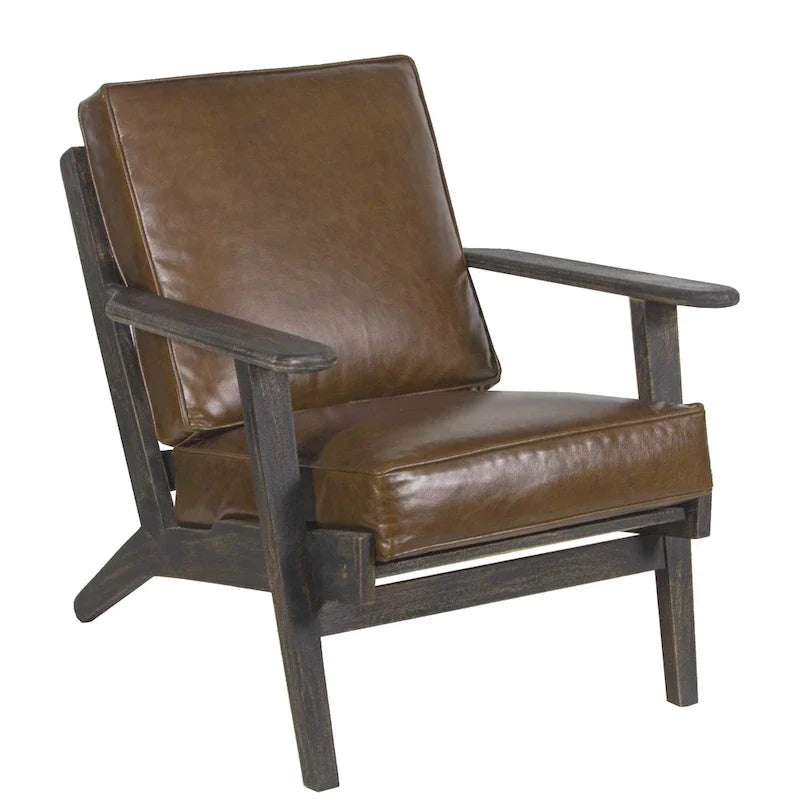 Handcrafted Amber Accent Chair with Slatted Mango Wood, Buffalo Leather Cushions, and Angled Legs
