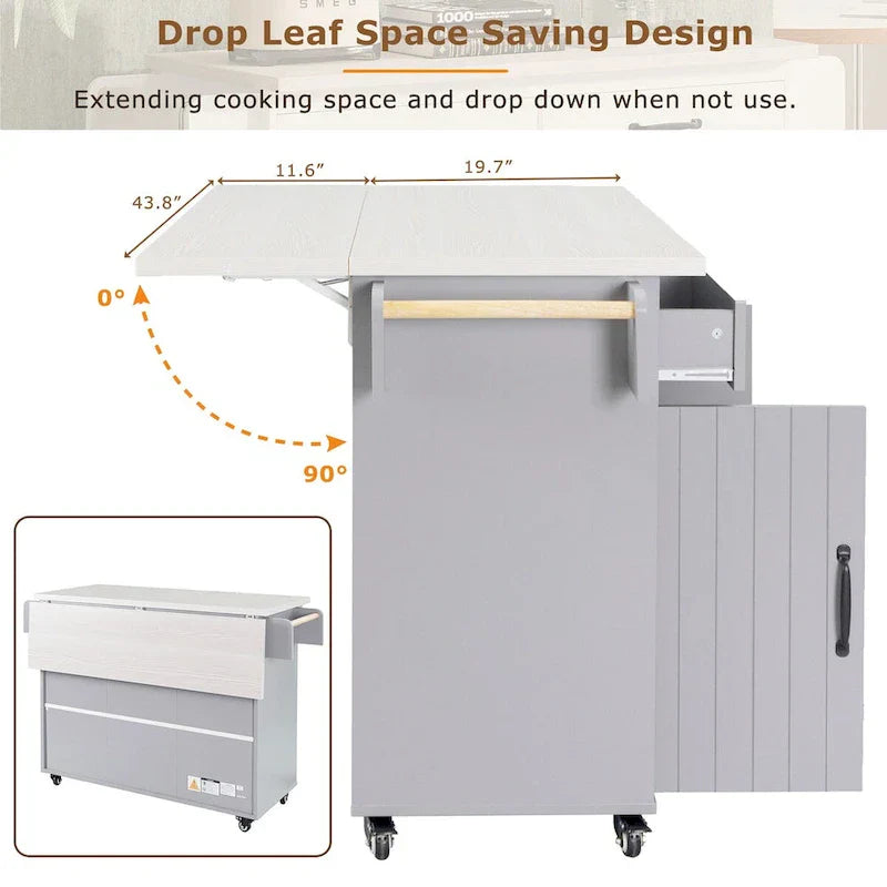 Kitchen Island with Built-In Trash Can Storage and Drop Leaf Cart