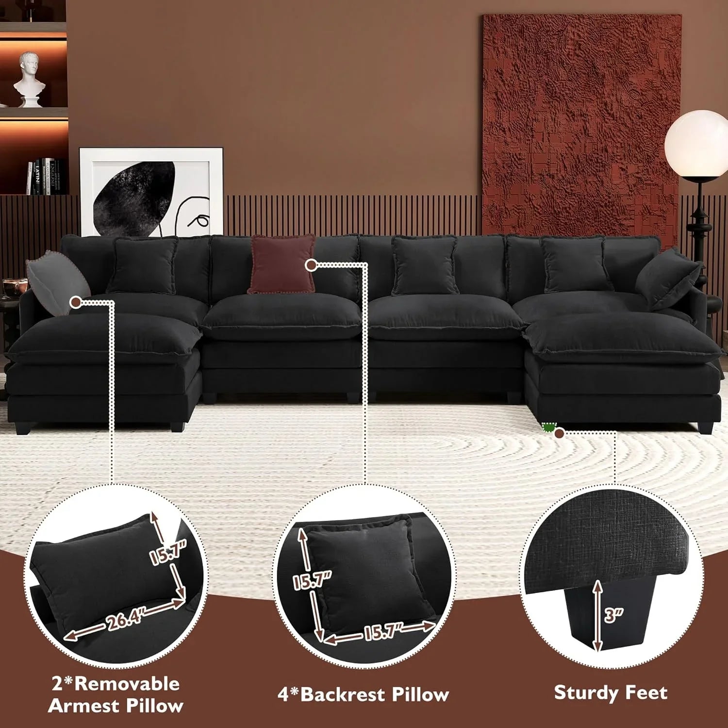 111.4 Inch L-Shaped Modern Sofa Modular Cloud Sofa Ottoman 4-Seater Chenille Deep Seat Sofa