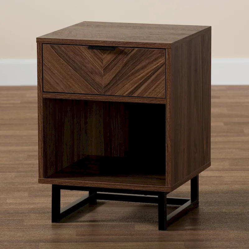 Sadia Contemporary Walnut Brown Wood and Black Metal 1-Drawer Side Table