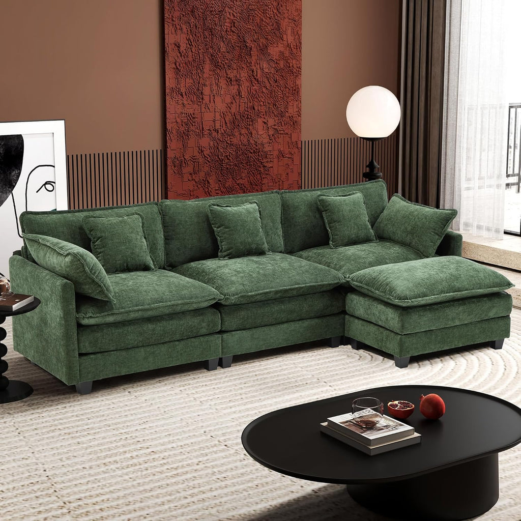 Ihanherry 146" U-Shaped Modern Sofa Modular Sectional Cloud Couch with 2 Ottoman, 6-Seat Chenille Deep Seat Sofa with 6 Pillows for Living Room, Bedroom and Apartment, Grey