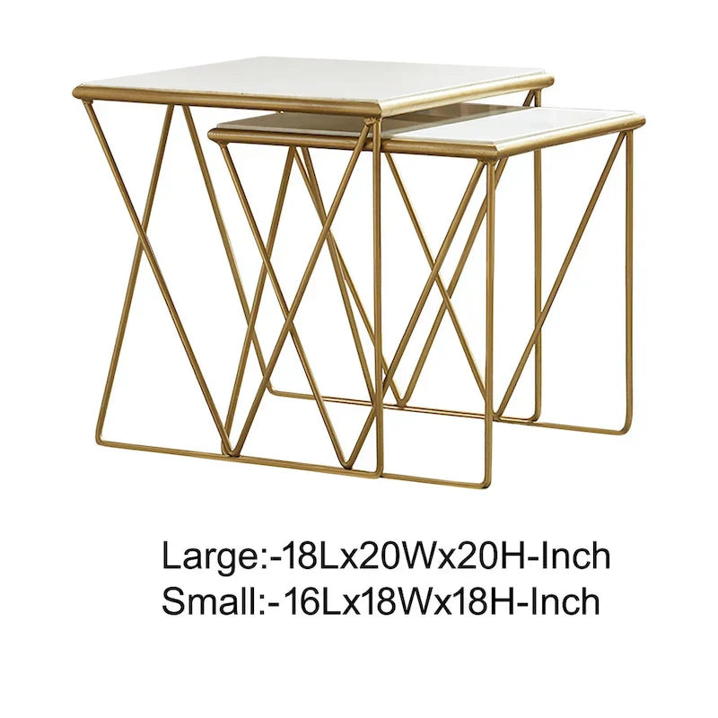 Set of 2 Marble Top Nesting Tables with Geometric Gold Base, White Finish