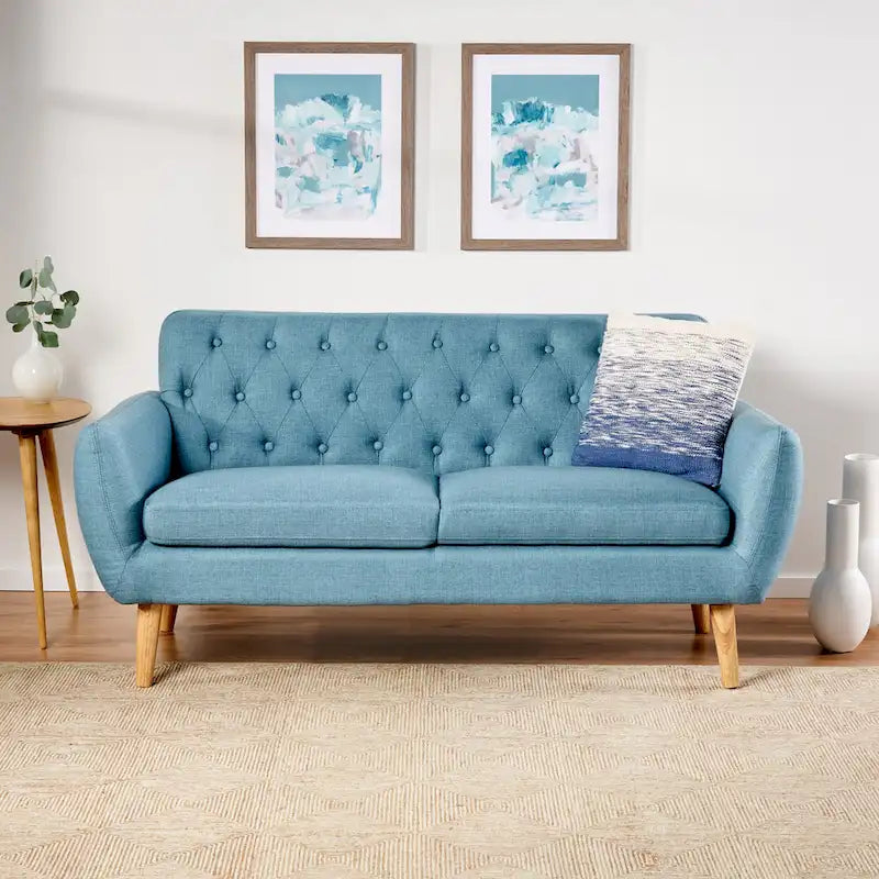Mid Century Tufted Sofa with Cushioned Seat and Wooden Legs