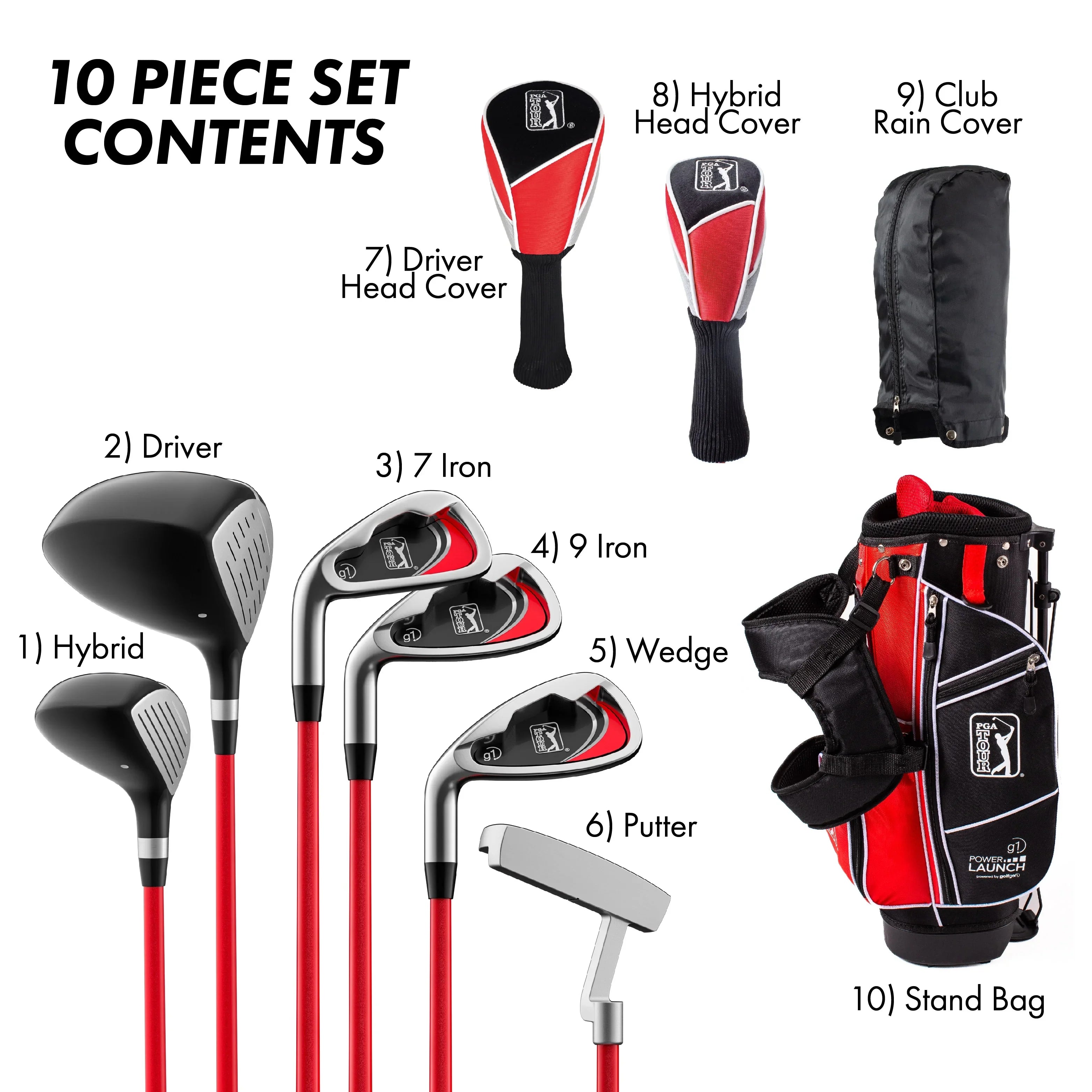 PGA Tour Right-Handed 10 Piece Kids Golf Club Stand Bag Set; Player Height 4'8 - 5'2", Ages 8-12