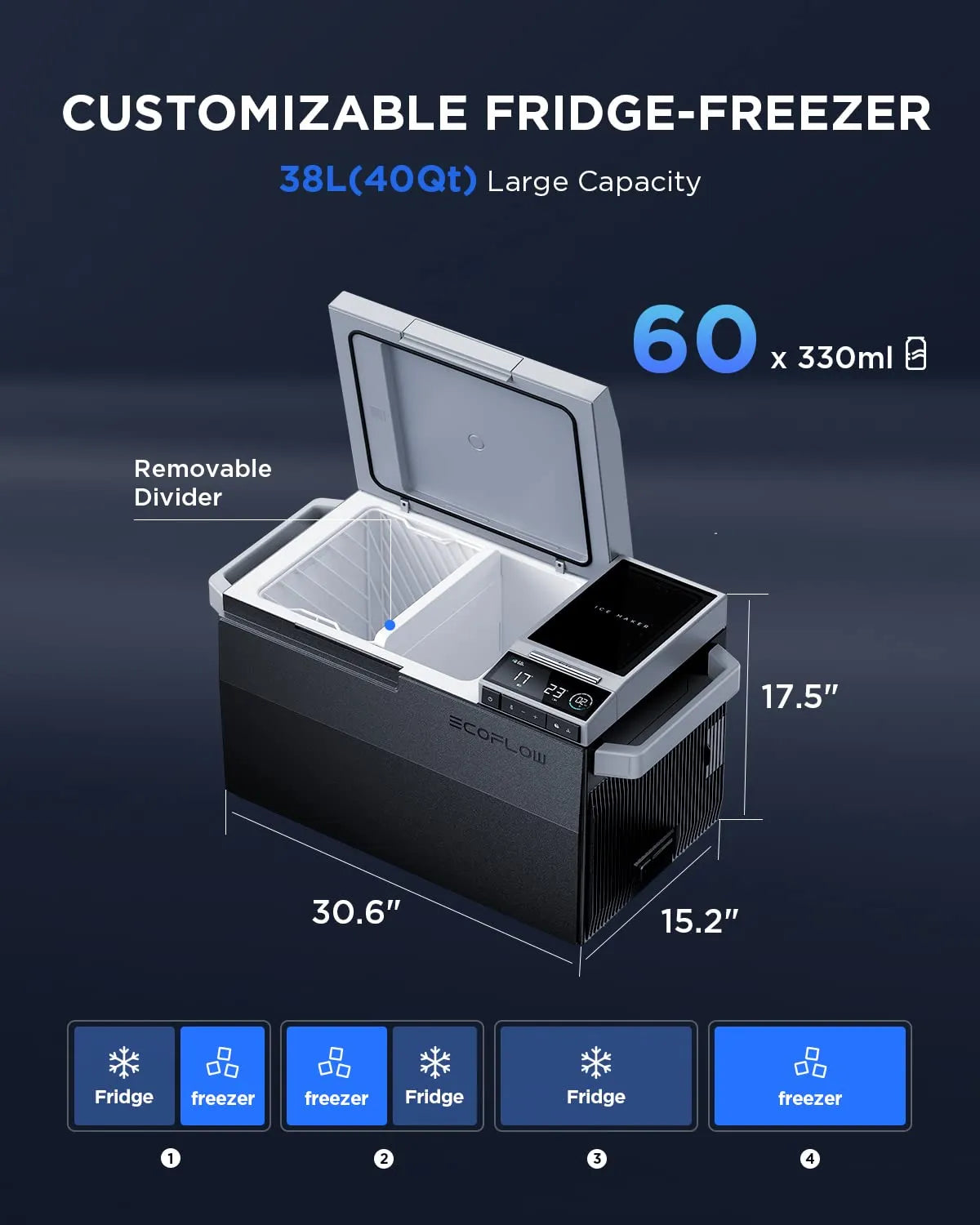 Car Refrigerator, 40 Qt(38L) Portable Refrigerator, Electric Cooler with Ice Maker, Dual Zone WIFI APP Control(-13��~50��), 12/24V DC/AC For Camping, Travel, Fishing, Outdoor, Truck