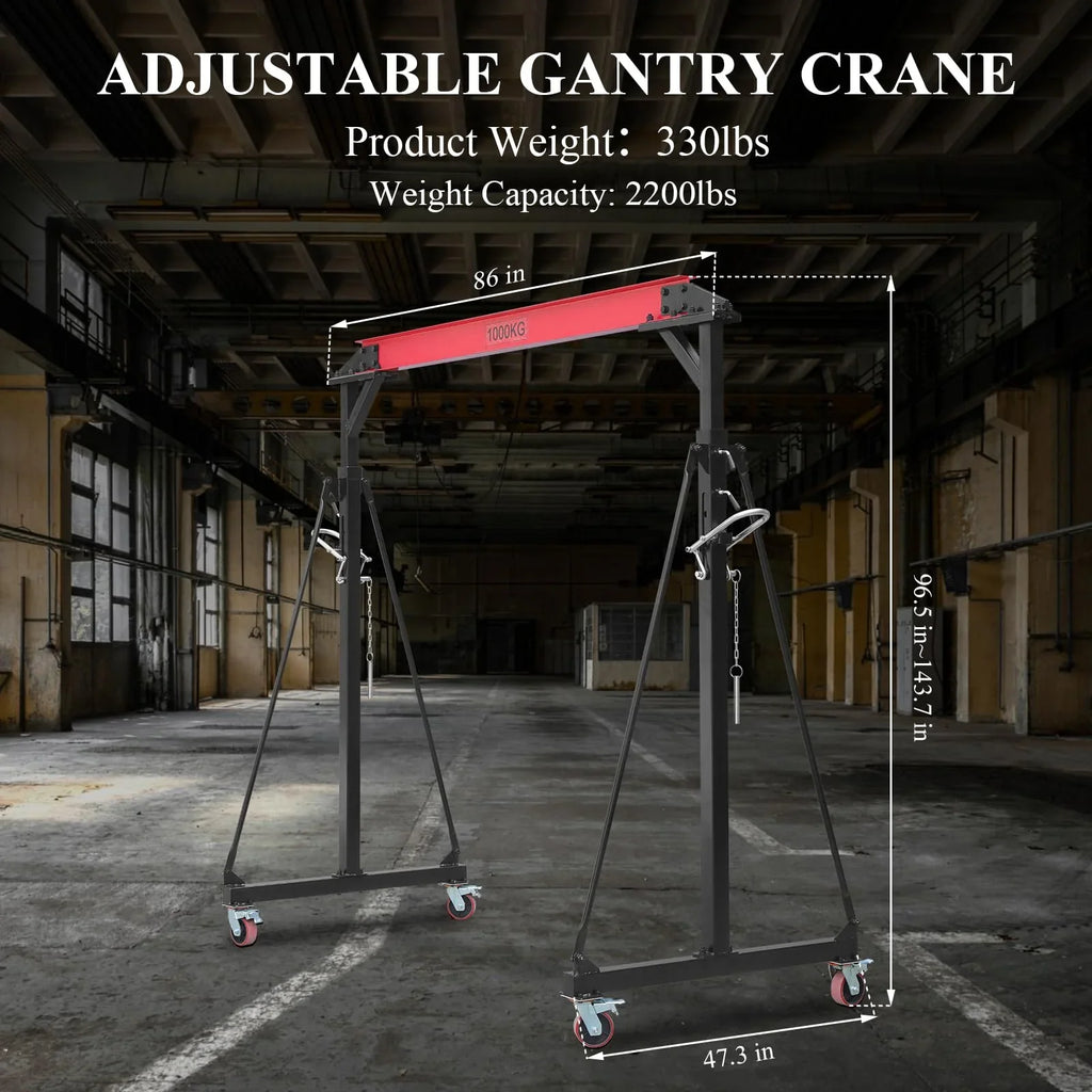 2025  1 Ton Adjustable Gantry Crane, 2200 lbs Capacity, Height Adjustable 96.5"-143.7", Portable Hoist for Factory, Construction, Warehouse, Auto Repair