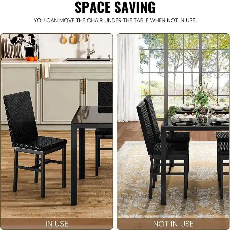 Grondin Contemporary 5-Piece Dining Set with Tempered Glass Table and 4 Diamond-Stitched PU Leather Chairs