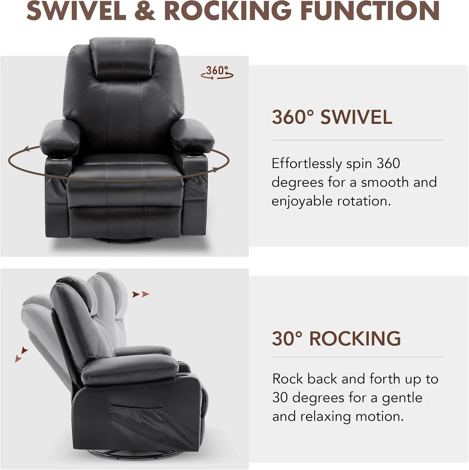 Oversized Swivel Rocker Recliner Chair with Heat and Massage, 360 Degree Swivel Rocking Single Sofa with Cup Holders and USB Port, Large Big Recliner Chair for Living Room (Leather, Brown)