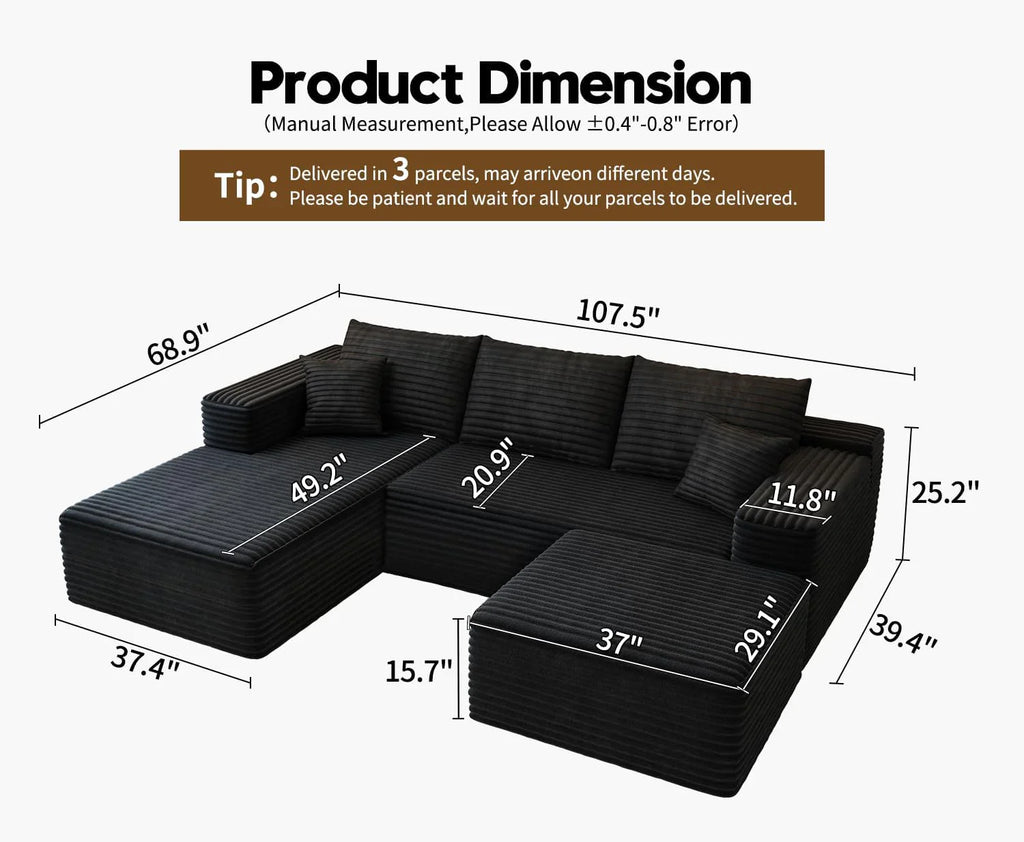 107.5" Cloud Modular Sectional Sofa Couch with L-Shape Chaise,Modern Minimalist Upholstered Couches for Living Room Bedroom,Deep Seat Corner Couch .No Assembly Required (Black,Left Facing Chaise)