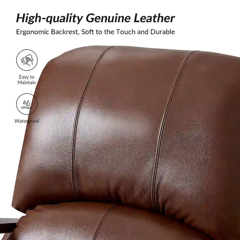 Set of 2 Alex Mid-Century Modern Genuine Leather Manual Recliners with Curved Wooden Arms