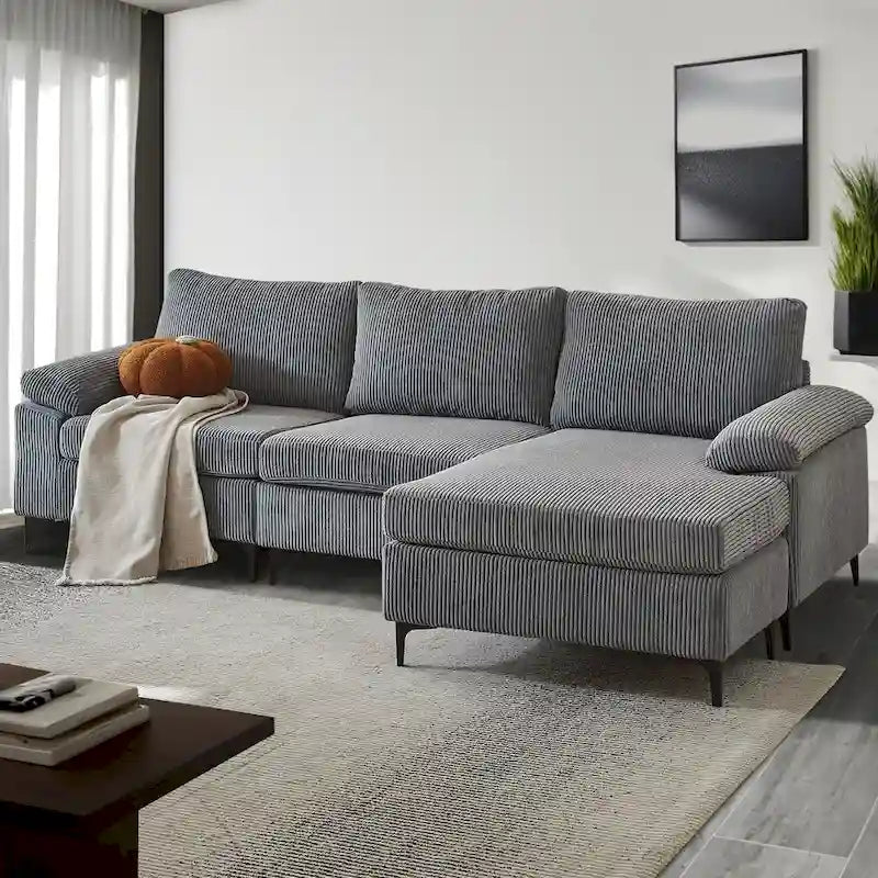 HOOOWOOO Reversible Corduroy Chaise Sofa with Wide Armrests and Ottoman for Living Room