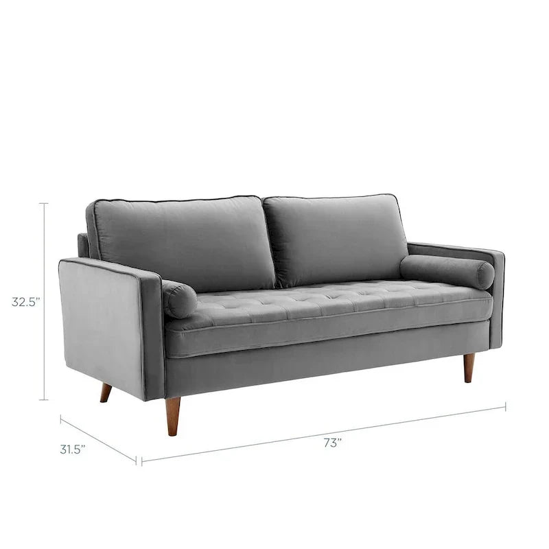 Mid Century Velvet Sofa with Tufted Back and Wooden Legs