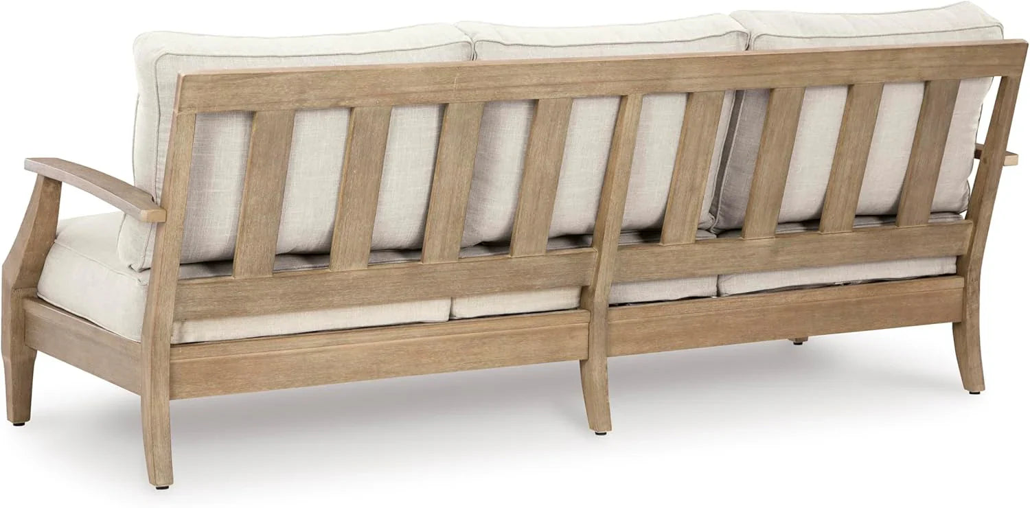 Signature Design by Ashley Clare View Coastal Outdoor Patio Eucalyptus Sofa with Cushions, Beige