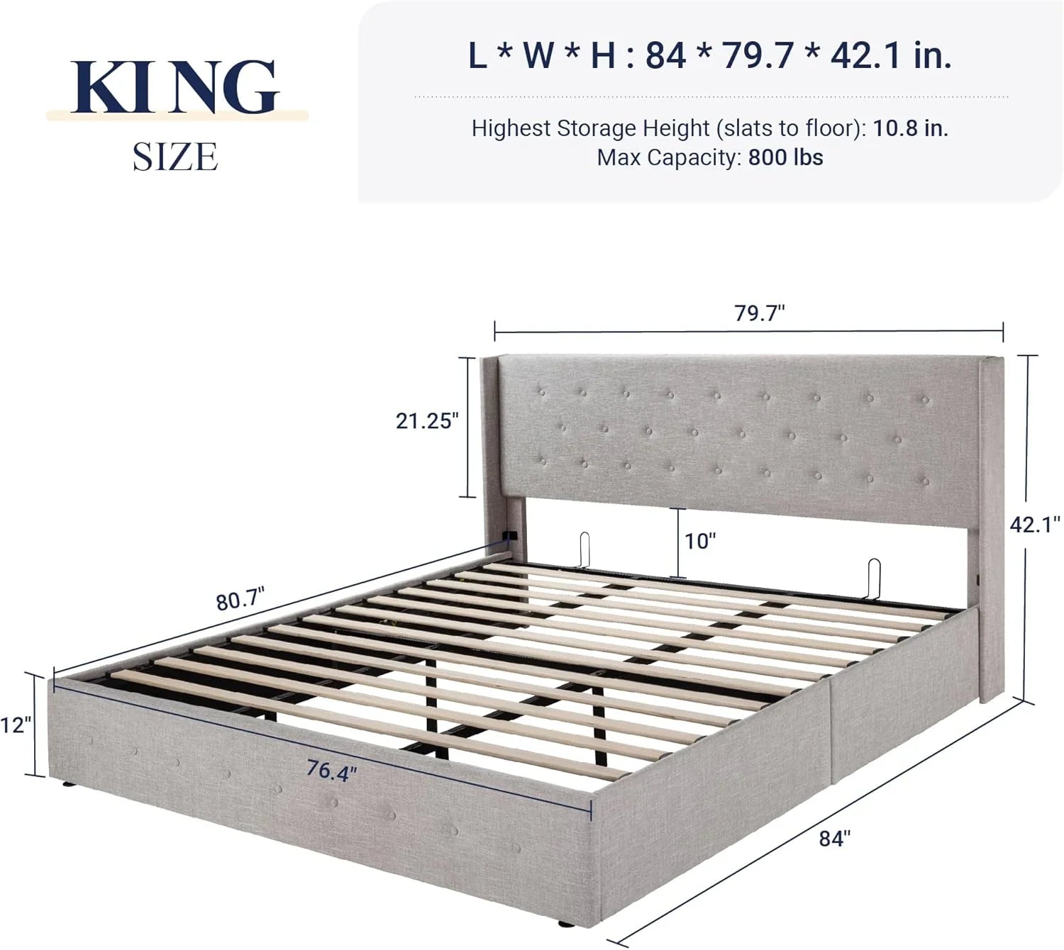 Allewie Queen Size Lift Up Storage Bed, Modern Wingback Headboard, Hydraulic Support, No Box Spring Needed, Light Beige