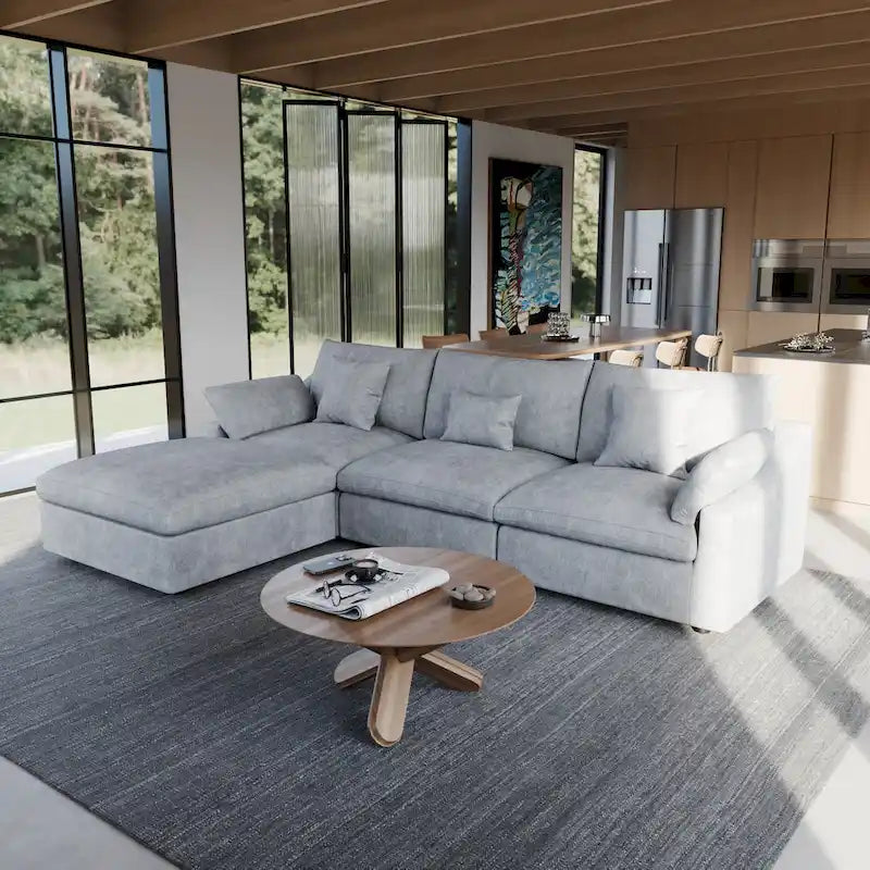Sectional Couch with L-Shaped Design and Linen Upholstery, Featuring Multiple Cushions