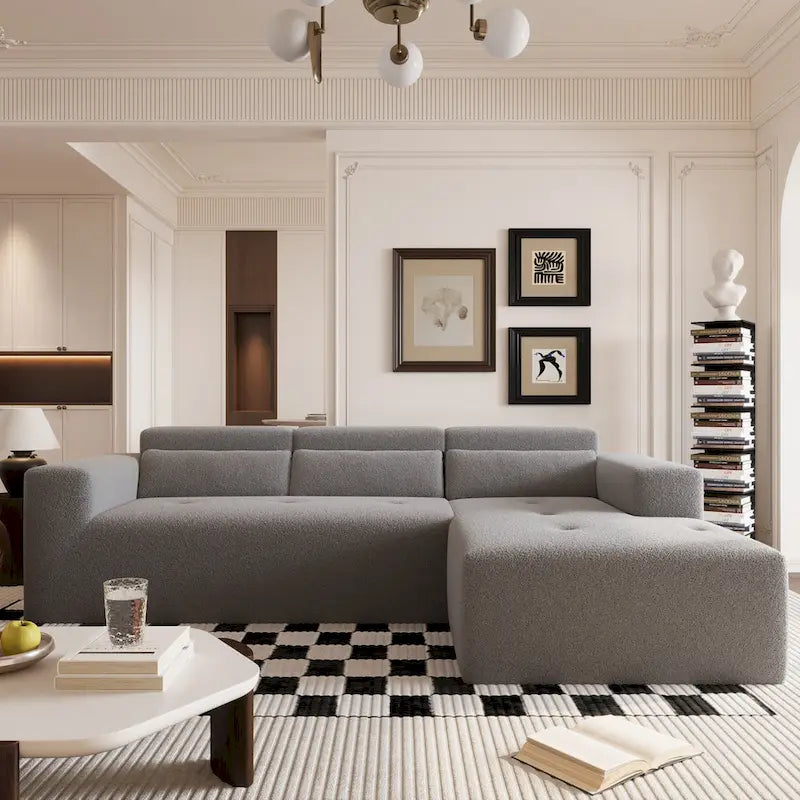 L Shaped Sectional Sofa with Upholstered Cushions and Modular Design