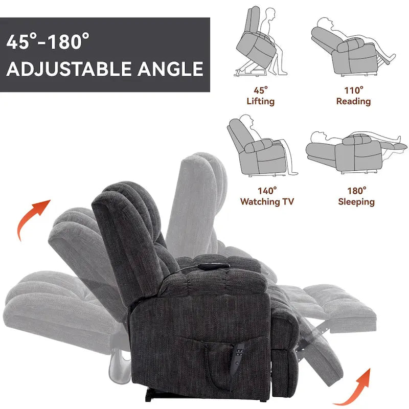 Grey Oversized Chenille Power Lift Recliner with Massage, Heating, and Flat Lay Feature