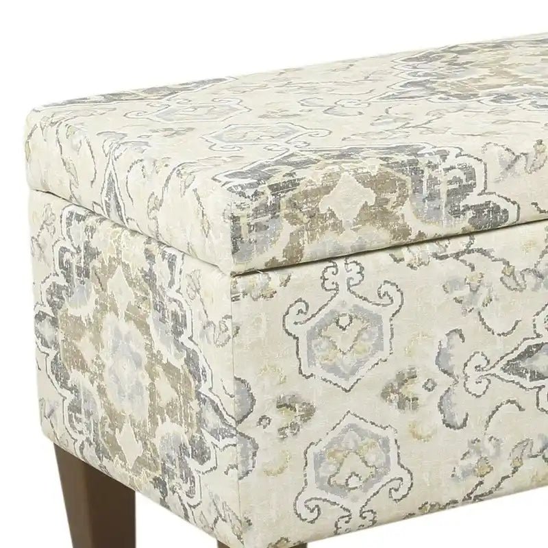 Large Brown and Cream Medallion Print Upholstered Wooden Bench with Hinged Storage