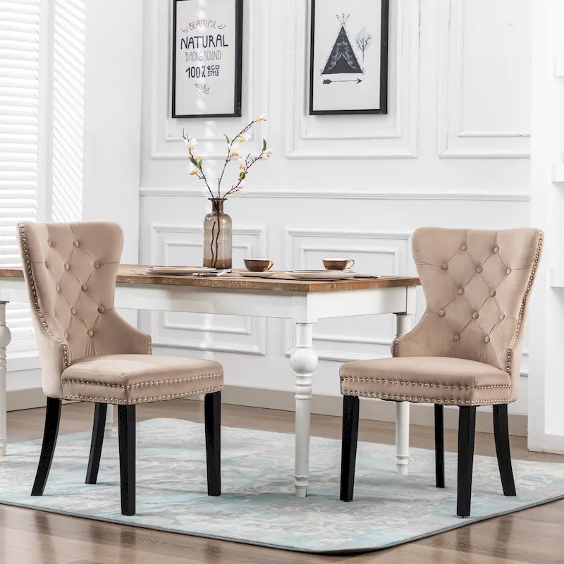 Set of 2 Grandview Tufted Upholstered Dining Chairs with Nailhead Trim and Ring Pull