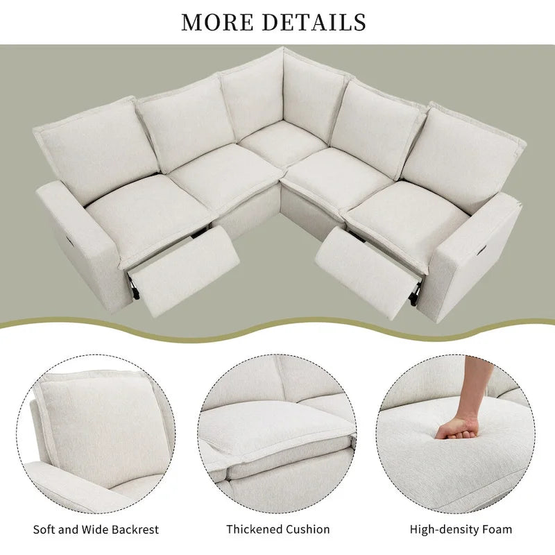 Linen Upholstered Power Recliner L-Shaped Sectional Sofa with USB Port - Soft Home Theater Seating for Living Room