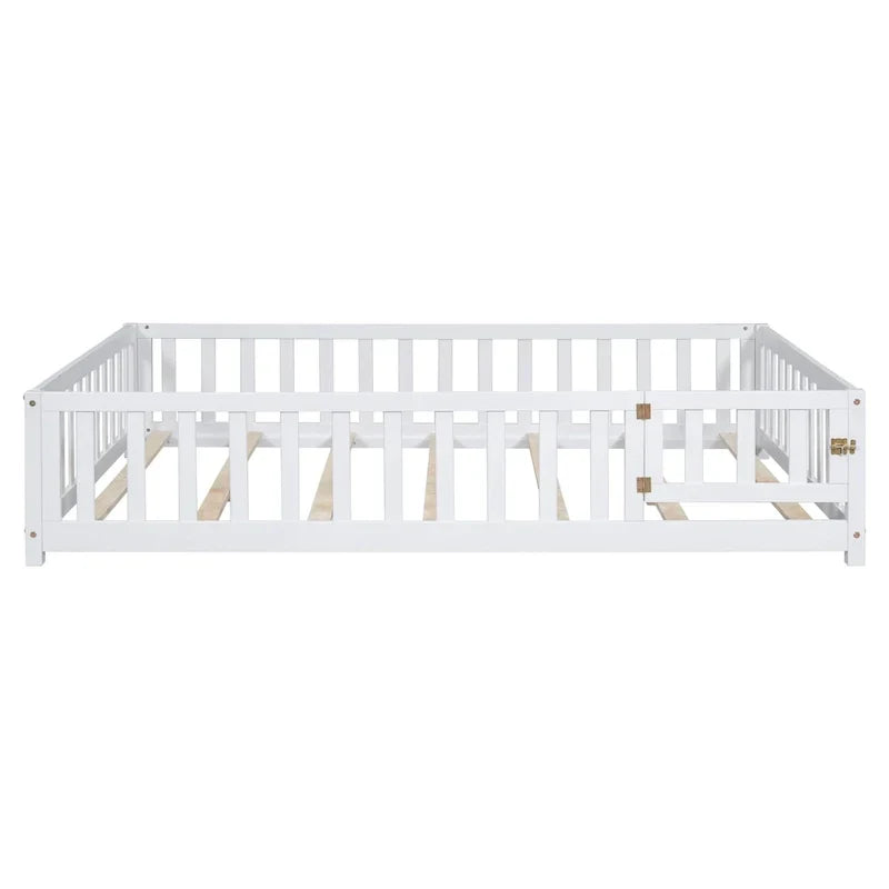 Kids' Full-Size Wooden Floor Bed with Fence and Door
