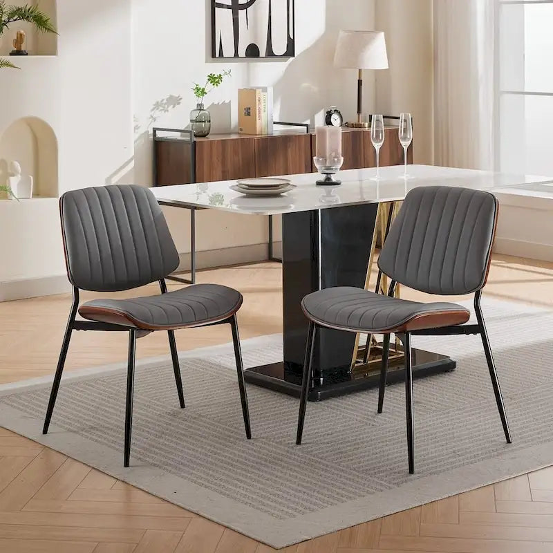 Set of 2 Retro Linen Dining Chairs with Bentwood Backs and Metal Legs