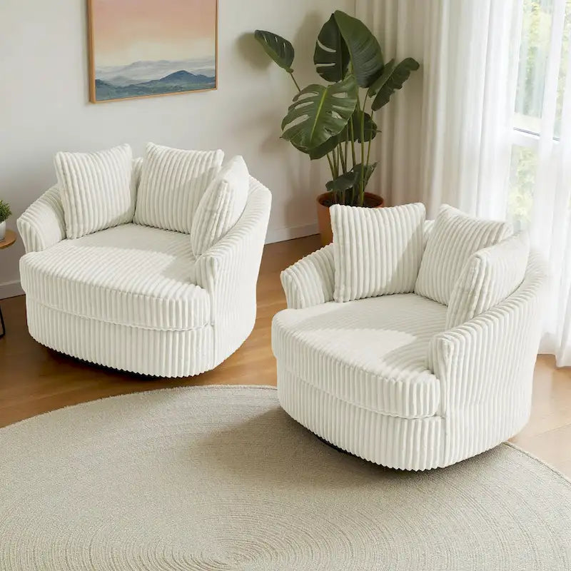 Set of 2 Oversized 43" Plush Corduroy Swivel Barrel Chairs with Cushions