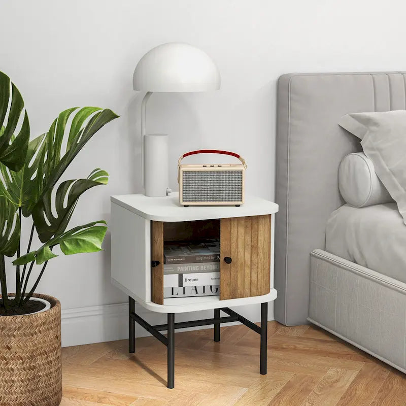 Set of 2 Nightstands with Sliding Doors and Metal Legs