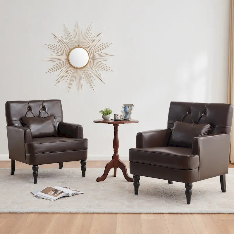 Set of 2 Arm Chair Upholstered Button Tufted Accent Chair with Lumbar Pillow Beige/ Grey/ Light Blue