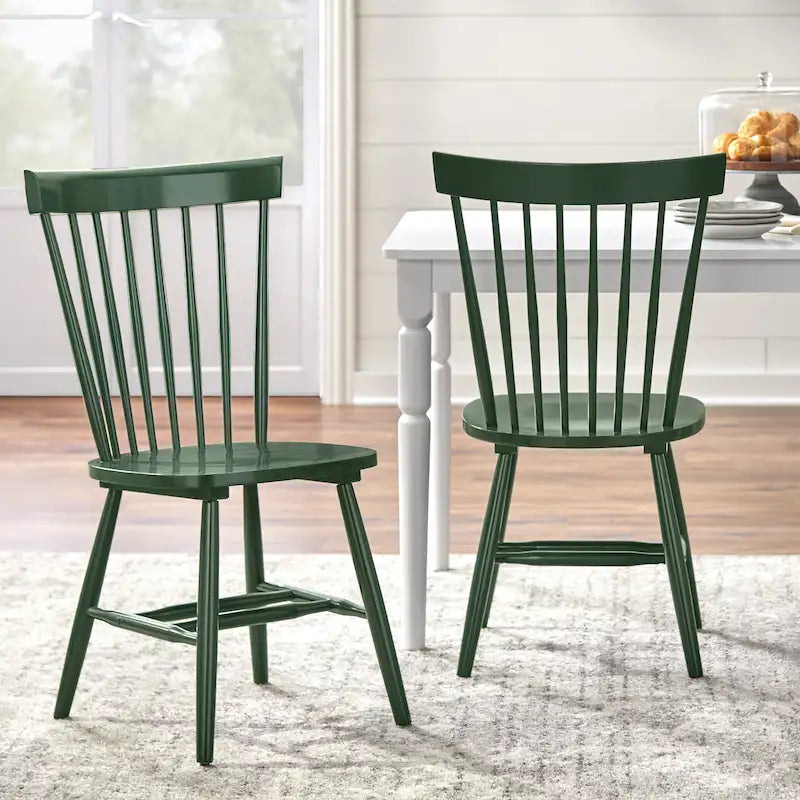 Set of 2 Spindle Back Dining Chairs Solid Rubberwood Farmhouse Style