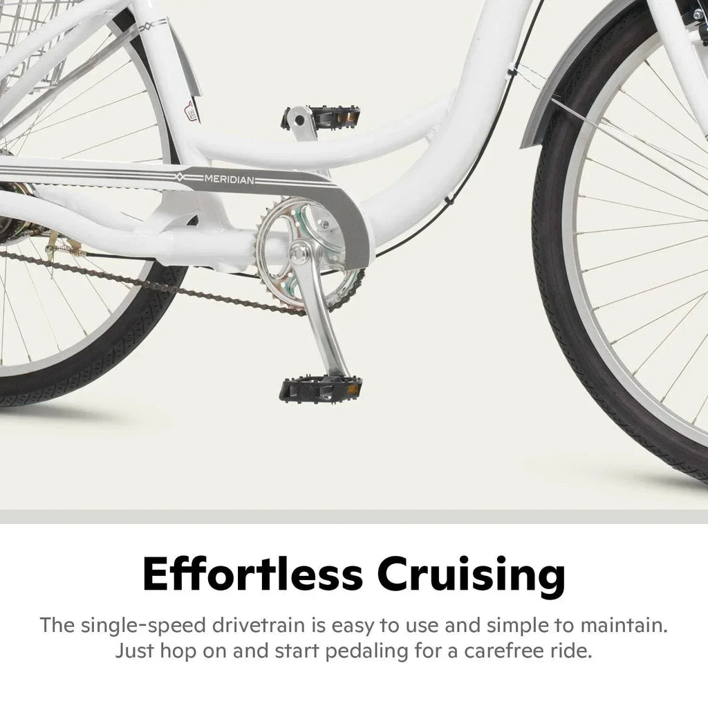 2025 Schwinn Meridian Adult Tricycle, Men's and Women's Beach Cruiser, 26-inch Wheels, Low Step-Through, Wide Saddle, Folding Rear Basket.