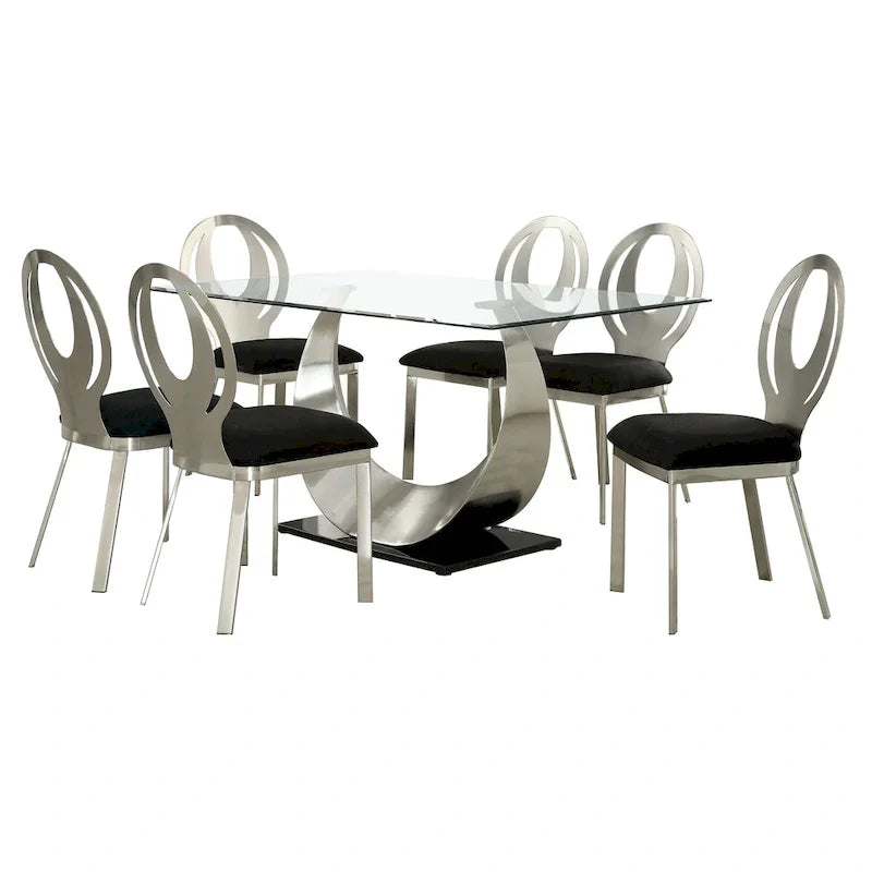 Glass Dining Table Set with 6 Upholstered Chairs and Metal Base