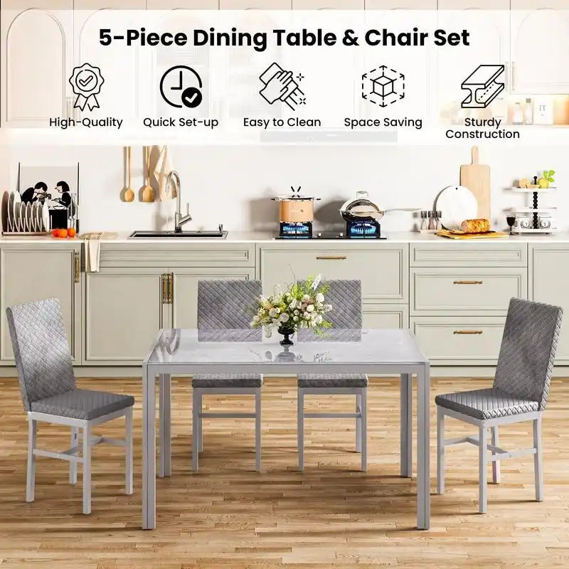 Grondin Contemporary 5-Piece Dining Set with Tempered Glass Table and 4 Diamond-Stitched PU Leather Chairs