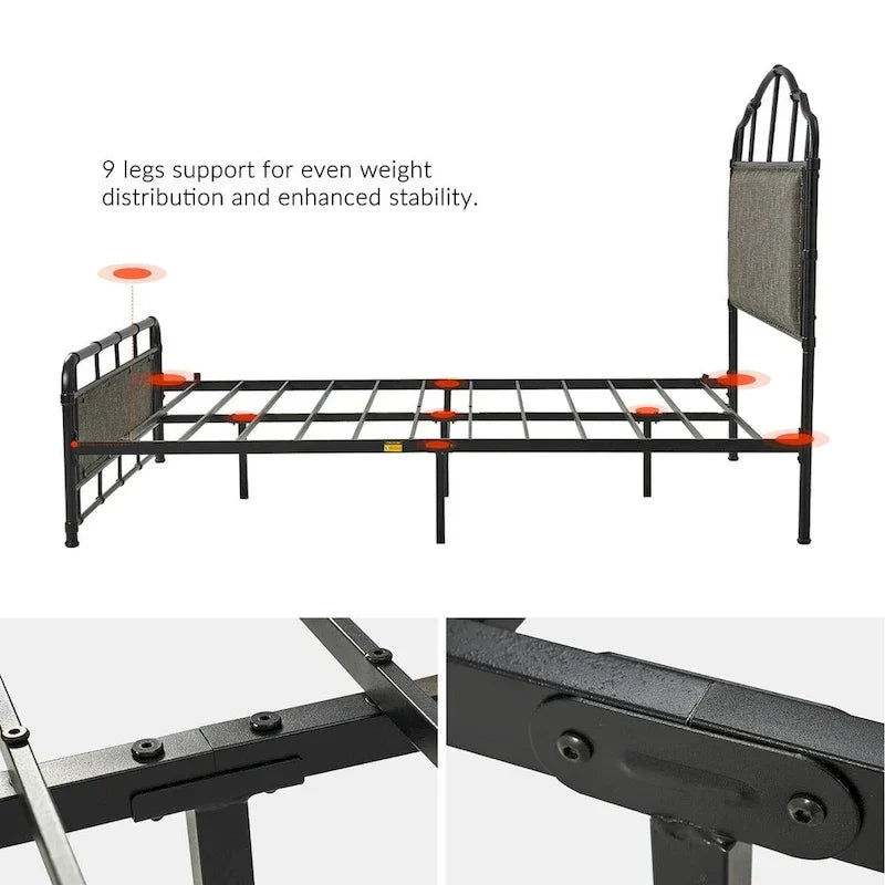 HULALA HOME Eufemia Industrial 62-Inch High Headboard Metal Platform Bed Frame